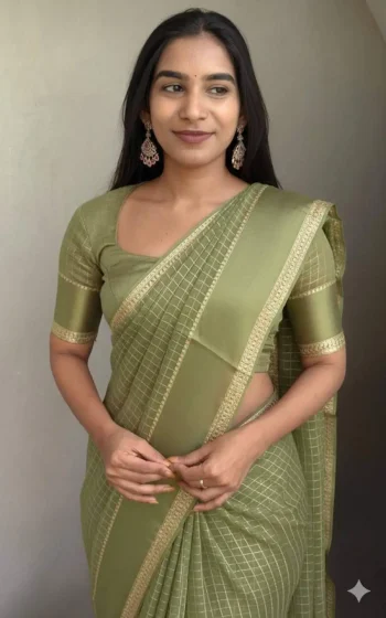 NEW ARRIVAL GEORGETTE CHECKS WEAVING AND STUNNING SATIN PATTA BORDER WORK SAREE WITH UNSTITCHED BLOUSE PISTA