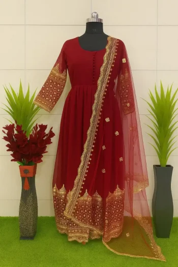 NEW ARRIVAL GEORGETTE MULTI SEQUENCE WORK GOWN WITH DUPATTA MAROON
