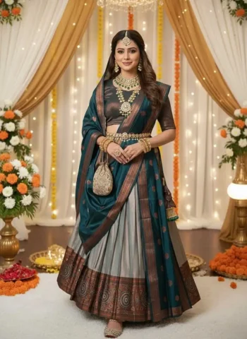 RICH LOOK KANJIVARAM SILK ZARI WEAVING WORK STITCHED LEHENGA UNSTITCHED CHOLI WITH DUPATTA GREY AND TEAL