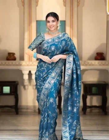 ATTRACTIVE LICHI SILK JACQUARD WORK SAREE WITH UNSTITCHED BLOUSE TEAL