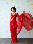 DESIGNER TABBY ORGANZA FLOWER PRINT WITH HAND KHATALI WORK CUT DANA ALL WITH MOTI HAND WORK BORDER WORK SAREE WITH UNSTITCHED BLOUSE RED