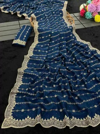 DESIGNER VICHITRA SILK ZARI WORK AND STONE WORK SAREE WITH UNSTITCHED BLOUSE TEAL