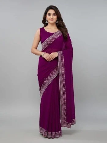 MODERN GEORGETTE HOTFIX WORK SAREE WITH UNSTITCHED BLOUSE WINE