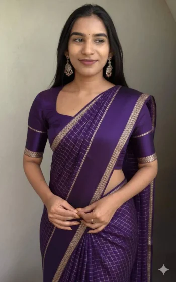 NEW ARRIVAL GEORGETTE CHECKS WEAVING AND STUNNING SATIN PATTA BORDER WORK SAREE WITH UNSTITCHED BLOUSE PURPLE