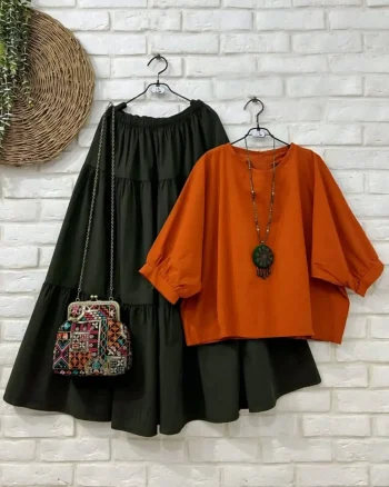 NEW ARRIVAL RAYON PLAIN TOP WITH LAYER SKIRT GREEN AND ORAGNE