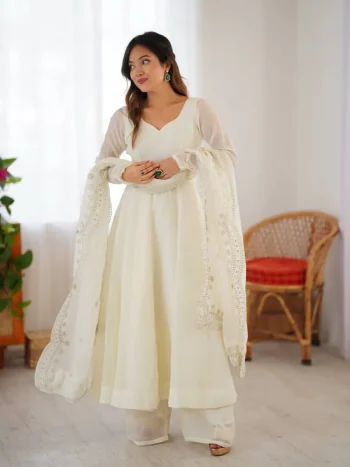 TRENDING FENDY SILK PLAIN GOWN BOTTOM WITH EMBROIDERY WORK DUPATTA WHITE