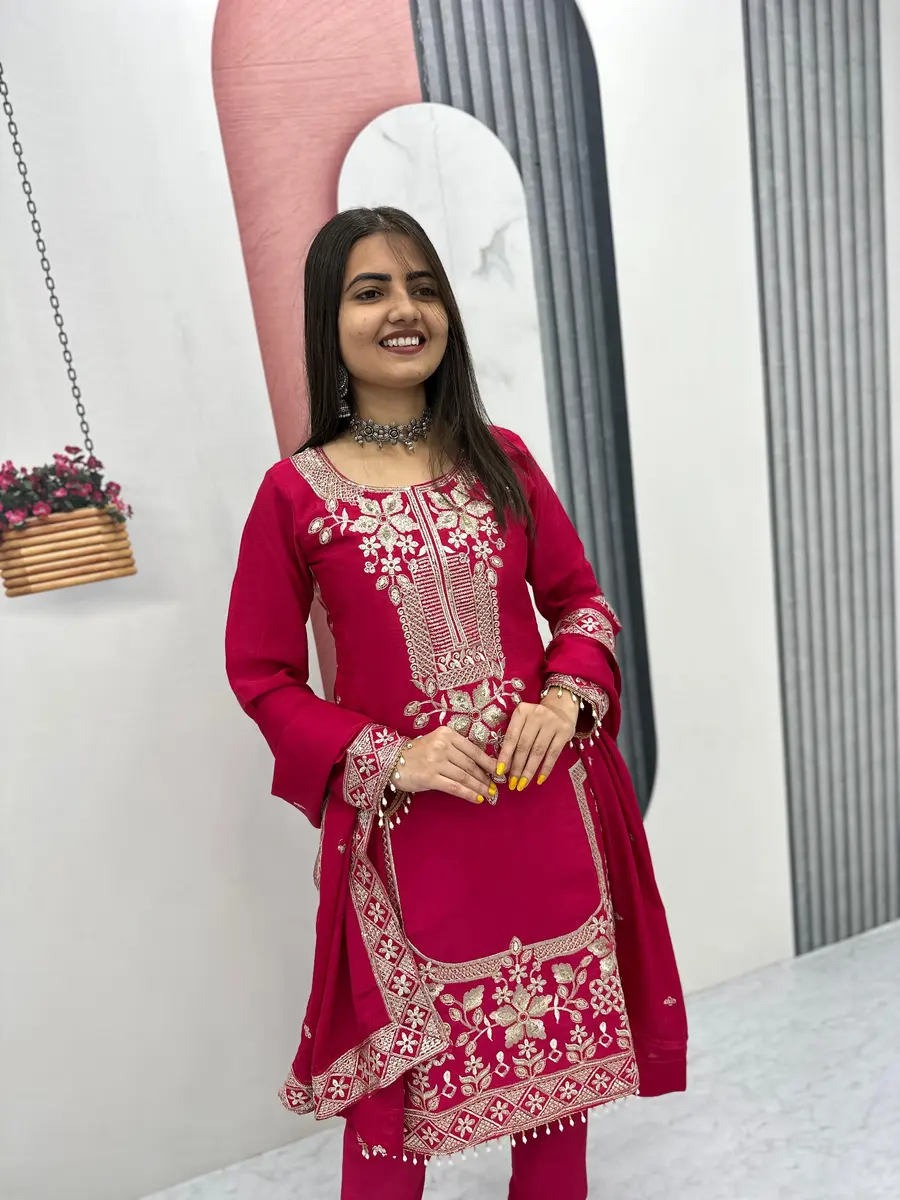 8FANCY CHINON EMBROIDERY THREAD & SEQUENCE WORK TOP BOTTOM WITH DUPATTA FESTIVE WEAR WHOLESALE PRICE ETHNIC GARMENT (4)