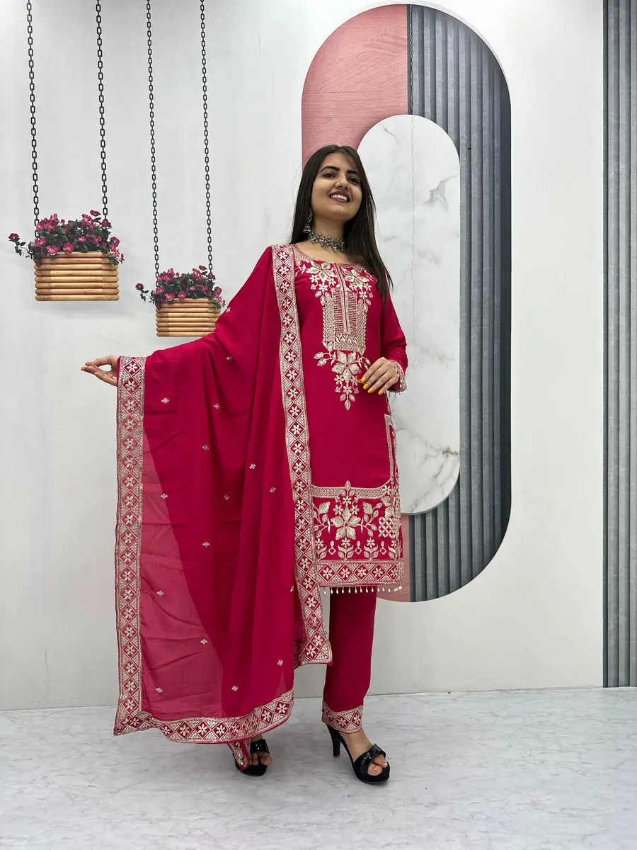 8FANCY CHINON EMBROIDERY THREAD & SEQUENCE WORK TOP BOTTOM WITH DUPATTA FESTIVE WEAR WHOLESALE PRICE ETHNIC GARMENT (7)