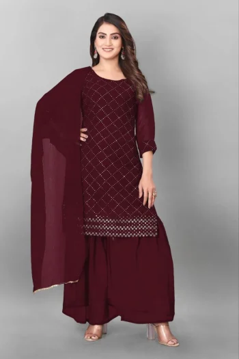MODERN GEORGETTE EMBROIDERY WORK TOPM PALAZZO WITH DUPATTA MAROON
