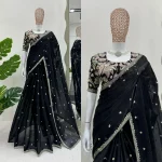 MODERN JC SILK EMBROIDERY ZARI AND SEQUENCE WORK WITH HEAVY WORK BORDER WORK SAREE WITH UNSTITCHED BLOUSE BLACK