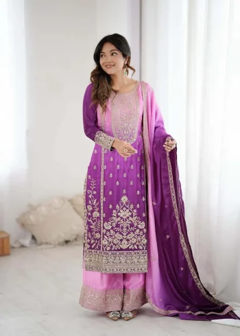 RICH LOOK CHINON SILK CODING DORI WITH SEQUENCE THREAD WORK TOP PALAZZO WITH DUPATTA PURPLE