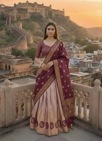 RICH LOOK KANJIVARAM SILK ZARI WEAVING WORK STITCHED LEHENGA UNSTITCHED CHOLI WITH DUPATTA CREAM AND WINE
