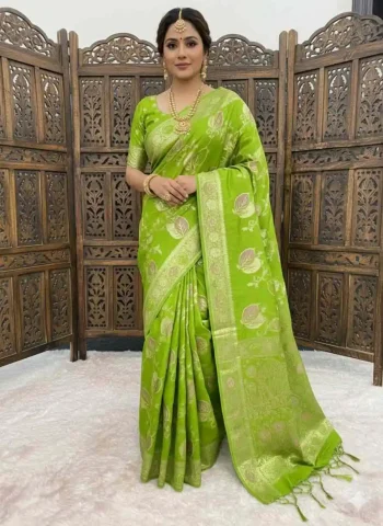 DESIGNER DOLA SILK ZARI MEENAKARI WOVEN PALLU WITH HEAVY WOVEN BORDER WORK SAREE WITH UNSTITCHED BLOUSE PARROT GREEN