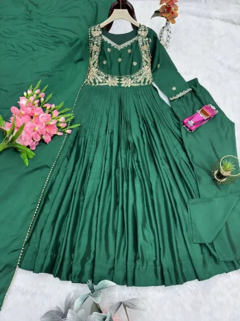 MODERN CHINON SILK EMBROIDERY CODING & SEQUENCE WORK WITH REAL MIRROR WORK GOWN WITH DUPATTA GREEN