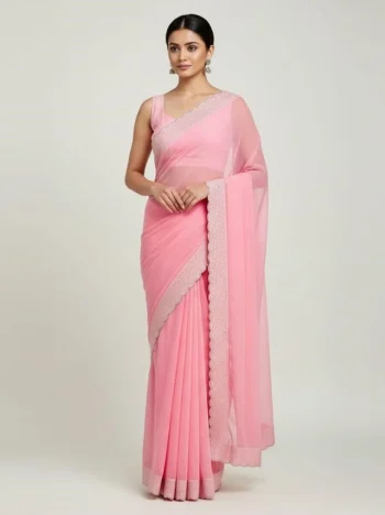 MODERN GEORGETTE HOTFIX WORK SAREE WITH UNSTITCHED BLOUSE BABY PINK