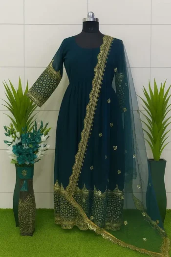 NEW ARRIVAL GEORGETTE MULTI SEQUENCE WORK GOWN WITH DUPATTA NAVY BLUE