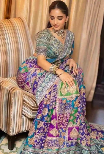 ATTRACTIVE CHINON SILK DIGITAL PRINT WITH MIRROR WORK SAREE WITH UNSTITCHED BLOUSE MULTI