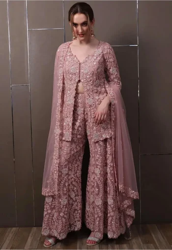 ATTRACTIVE GEORGETTE THREAD WITH SEQUENCE WITH RIVET MOTI WORK TOP PALAZZO WITH DUPATTA BABY PINK