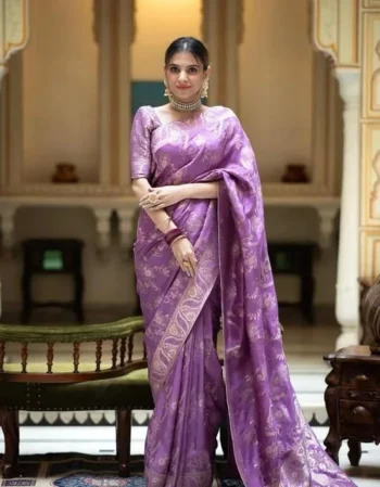 ATTRACTIVE LICHI SILK JACQUARD WORK SAREE WITH UNSTITCHED BLOUSE LAVENDER