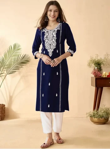 ATTRACTIVE RAYON EMBROIDERY WORK TOP PENT SET NAVY BLUE