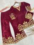 ATTRACTIVE VELVET EMBROIDERY CHAIN STITCHED WORK TOP PALAZZO WITH POTLI BAG PARTY WEAR WHOLESALE PRICE ETHNIC GARMENT (11)