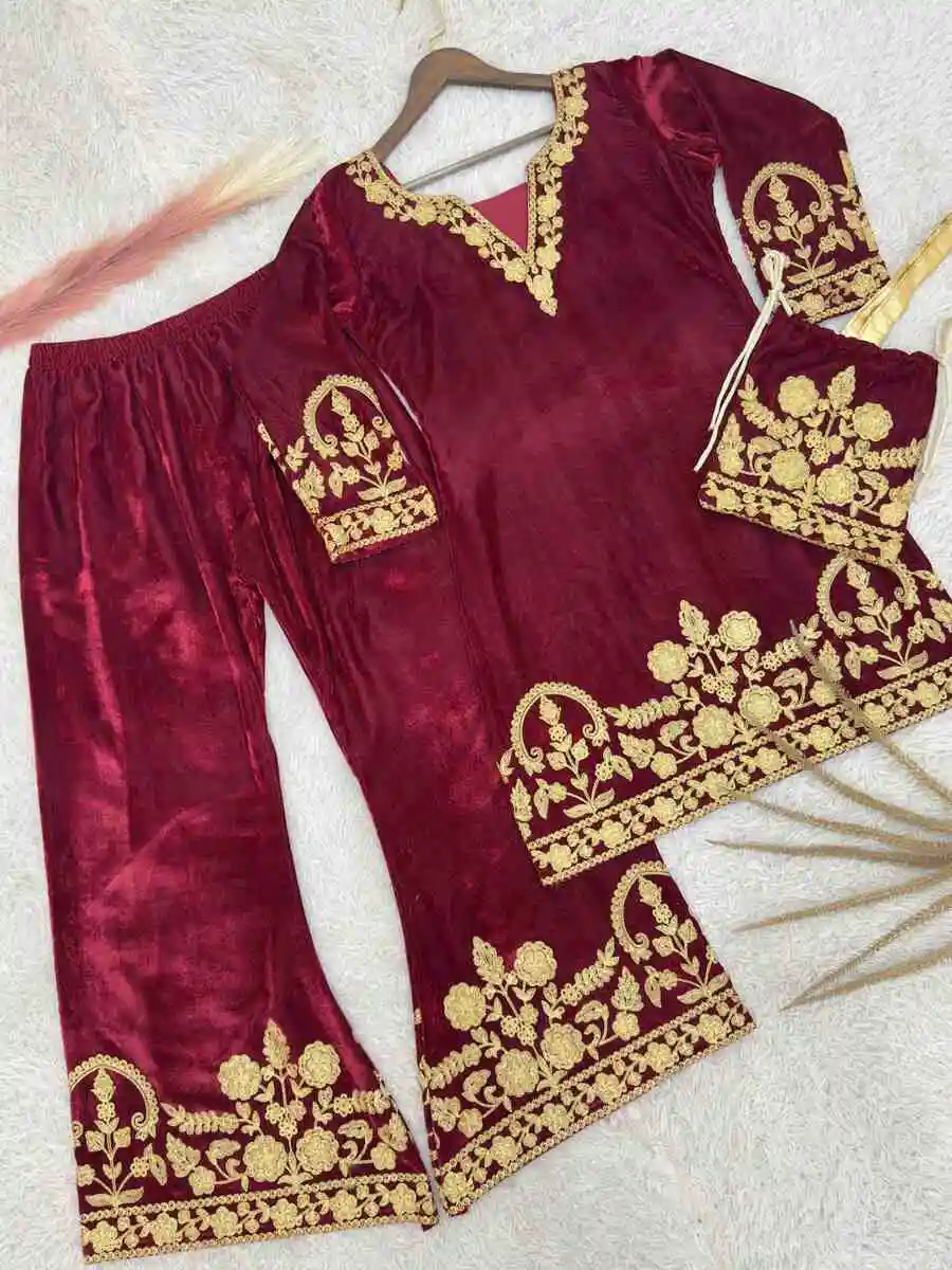 ATTRACTIVE VELVET EMBROIDERY CHAIN STITCHED WORK TOP PALAZZO WITH POTLI BAG PARTY WEAR WHOLESALE PRICE ETHNIC GARMENT (12)