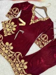 ATTRACTIVE VELVET EMBROIDERY CHAIN STITCHED WORK TOP PALAZZO WITH POTLI BAG PARTY WEAR WHOLESALE PRICE ETHNIC GARMENT (11)