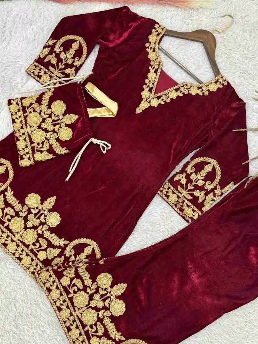 ATTRACTIVE VELVET EMBROIDERY CHAIN STITCHED WORK TOP PALAZZO WITH POTLI BAG PARTY WEAR WHOLESALE PRICE ETHNIC GARMENT (13)