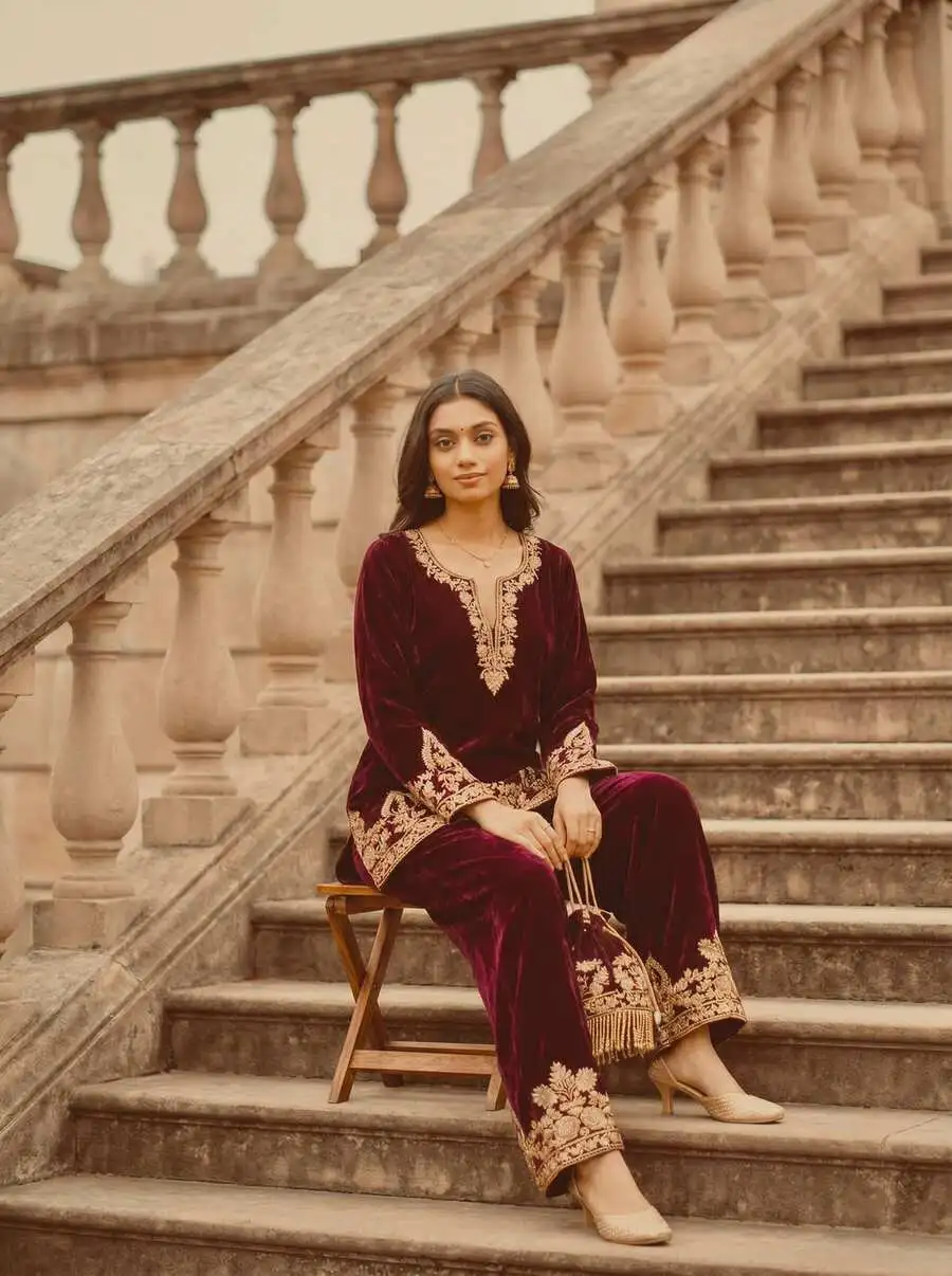 ATTRACTIVE VELVET EMBROIDERY CHAIN STITCHED WORK TOP PALAZZO WITH POTLI BAG PARTY WEAR WHOLESALE PRICE ETHNIC GARMENT (14)