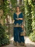 ATTRACTIVE VELVET EMBROIDERY CHAIN STITCHED WORK TOP PALAZZO WITH POTLI BAG TEAL