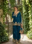 ATTRACTIVE VELVET EMBROIDERY CHAIN STITCHED WORK TOP PALAZZO WITH POTLI BAG PARTY WEAR WHOLESALE PRICE ETHNIC GARMENT (3)