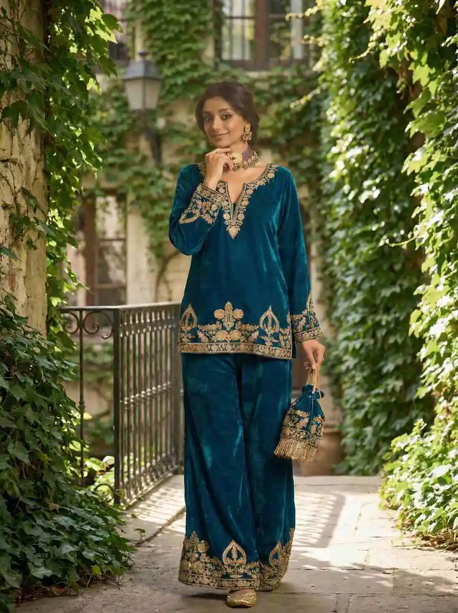 ATTRACTIVE VELVET EMBROIDERY CHAIN STITCHED WORK TOP PALAZZO WITH POTLI BAG PARTY WEAR WHOLESALE PRICE ETHNIC GARMENT (5)