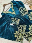 ATTRACTIVE VELVET EMBROIDERY CHAIN STITCHED WORK TOP PALAZZO WITH POTLI BAG PARTY WEAR WHOLESALE PRICE ETHNIC GARMENT (3)