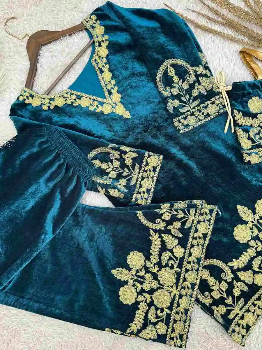 ATTRACTIVE VELVET EMBROIDERY CHAIN STITCHED WORK TOP PALAZZO WITH POTLI BAG PARTY WEAR WHOLESALE PRICE ETHNIC GARMENT (6)