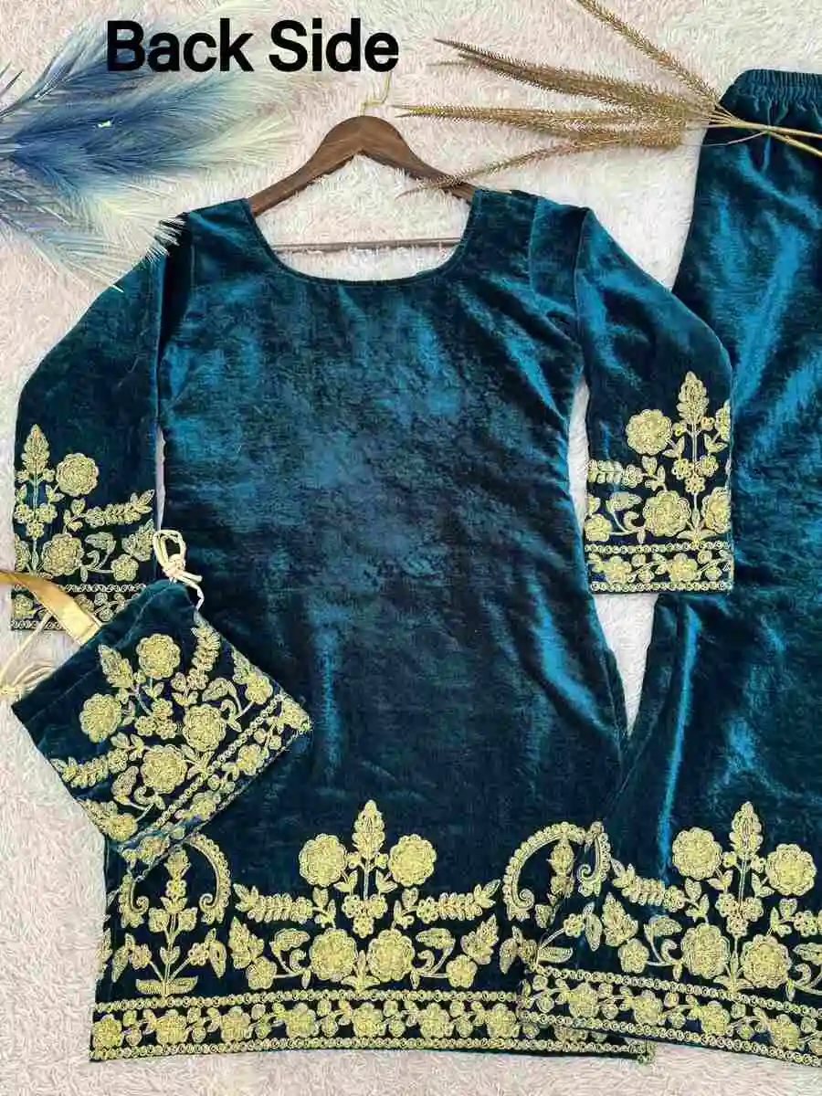 ATTRACTIVE VELVET EMBROIDERY CHAIN STITCHED WORK TOP PALAZZO WITH POTLI BAG PARTY WEAR WHOLESALE PRICE ETHNIC GARMENT (8)