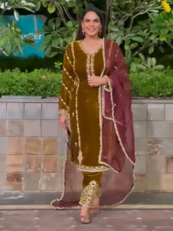 DESIGNE VELVET CHAIN STITCHED WORK WITH PERAL MOTI HAND WORK AND FANCY LACE BORDER WORK TOP BOTTOM WITH DUPATTA MUSTARD