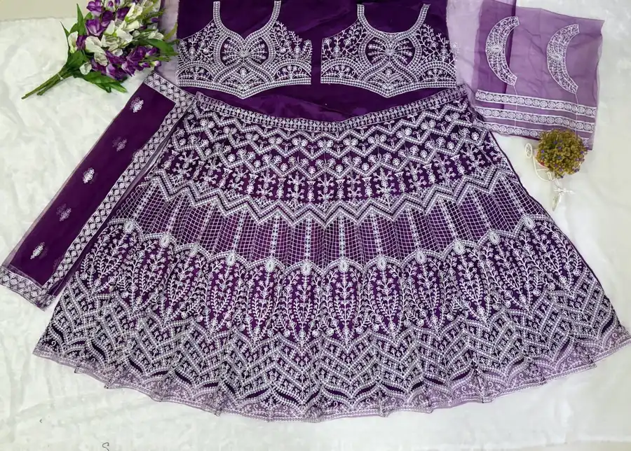 DESIGNER BUTTERFLY NET CHAIN WORK LEHENGA CHOLI WITH DUPATTA WEDDING WEAR WHOLESALE PRICE ETHNIC GARMENT (19)