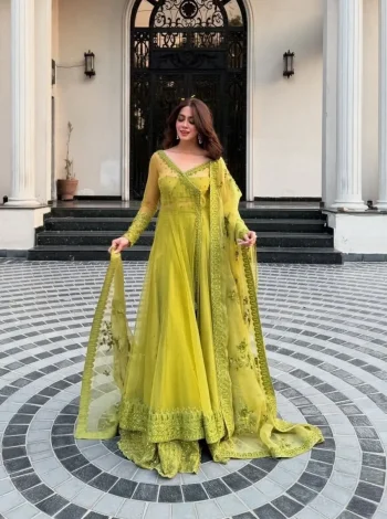 DESIGNER BUTTRFLY NET THREAD WITH SEQUENCE WORK SHRUG BLOUSE AND LEHENGA PARROT GREEN