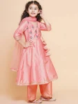 DESIGNER CHANDERI EMBROIDERY WORK KID'S TOP BOTTOM WITH DUPATTA BABY PINK