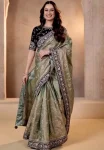 DESIGNER CHIFFON EMBROIDERY WORK LACE BORDER IN VELVET FABRIC AND TASSEL WORK SAREE WITH UNSTITCHED BLOUSE MINT
