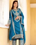 DESIGNER CHINON CHAIN WORK TOP BOTTOM WITH DUPATTA BLUE
