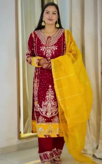 DESIGNER CHINON CODING SEQUENCE EMBROIDERY WORK TOP BOTTOM WITH DUPATTA  RED