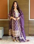 DESIGNER CHINON EMBROIDERY SEQUENCE WORK TOP PALAZZO WITH DUPATTA PURPLE