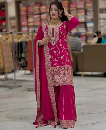 DESIGNER CHINON EMBROIDERY SEQUENCE WORK TOP PALAZZO WITH DUPATTA PINK