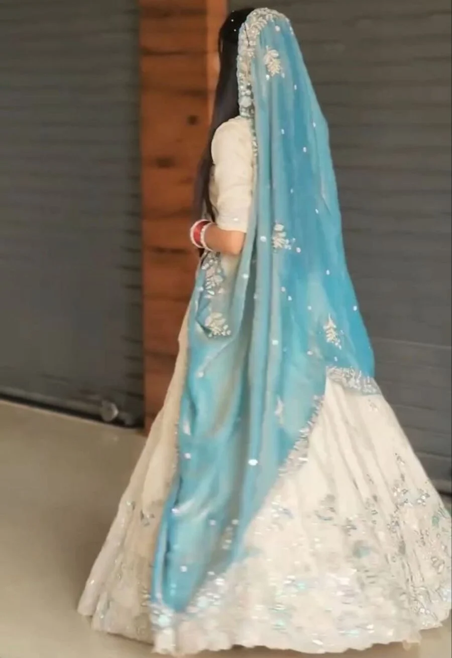 DESIGNER CHINON EMBROIDERY THREAD AND SEQUENCE WORK LEHENGA CHOLI WITH DUPATTA WEDDING WEAR WHOLESALE PRICE ETHNIC GARMENT (5)