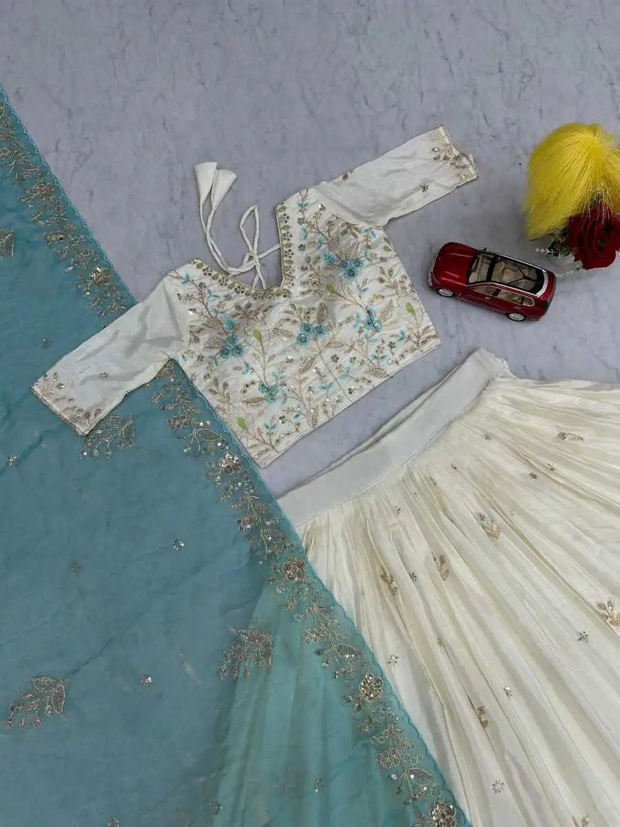 DESIGNER CHINON EMBROIDERY THREAD AND SEQUENCE WORK LEHENGA CHOLI WITH DUPATTA WEDDING WEAR WHOLESALE PRICE ETHNIC GARMENT (7)