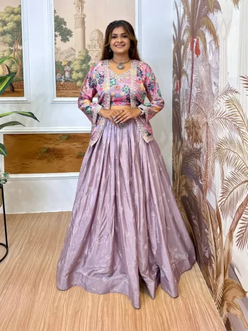 DESIGNER CHINON EMBROIDERY WORK LEHENGA CHOLI WITH KOTI LAVENDER