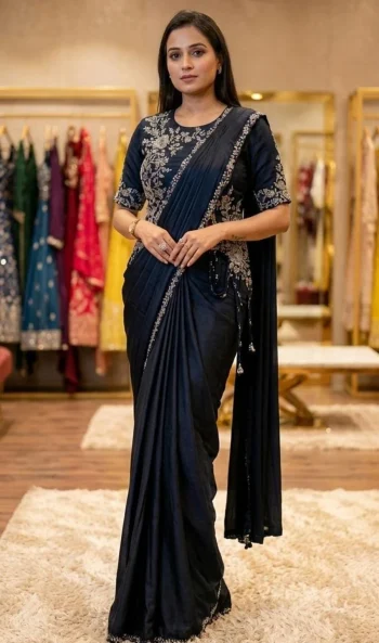 DESIGNER CHINON LACE BORDER WORK READY TO WEAR SAREE WITH STITCHED BLOUSE NAVY BLUE