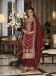 DESIGNER CHINON SILK EMBROIDERY CODING SEQUENCE WORK TOP BOTTOM WITH DUPATTA MAROON