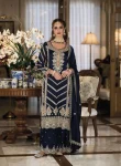 DESIGNER CHINON SILK EMBROIDERY CODING SEQUENCE WORK TOP BOTTOM WITH DUPATTA NAVY BLUE